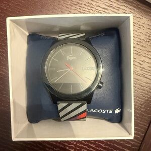 Lacoste Black and Gray Dial Watch with Striped Silicone Band